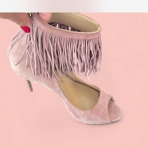 Paul Andrew Pink Peep-Toe Fringe Heels